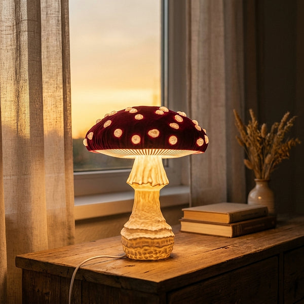 Fliegenpilz Lampe Amanita in der Dämmerung – handgefertigte Pilzlampe von Roomberry